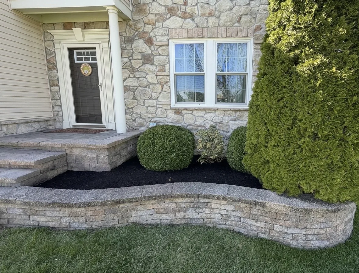 Fresh black mulch in a stone-edged garden bed